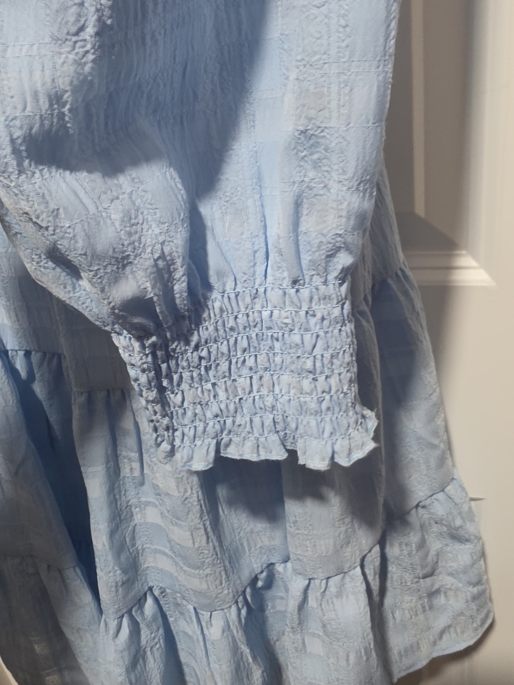 Light Blue Smocked Square-Neck Mini Dress with Bishop Sleeves - Picture 6 of 8